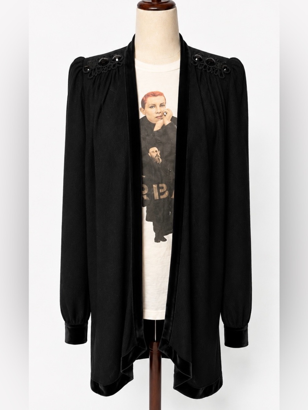 Vintage Masha velvet and loose weave long jacket with black embellishments L